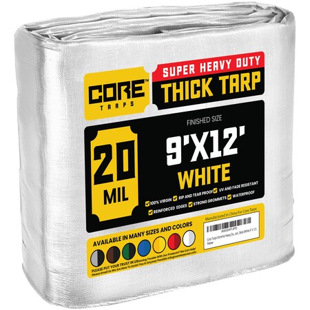 Heavy Duty Tarp, 12 ft L x 0.5 mm H x 9 ft W, 20 Mil, White, Polyethylene